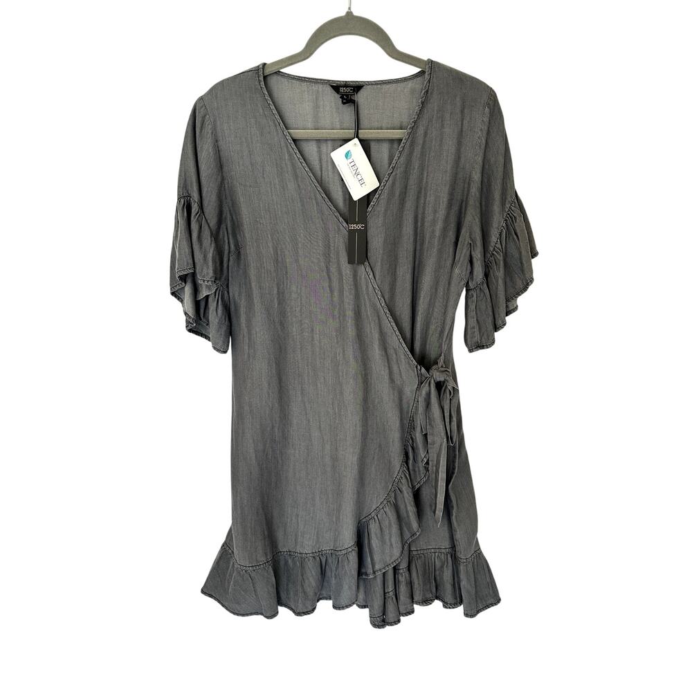 1250C Wrap Dress Women's Size L Tencel Gray Black Bell Sleeve Mini Ruffle NEW